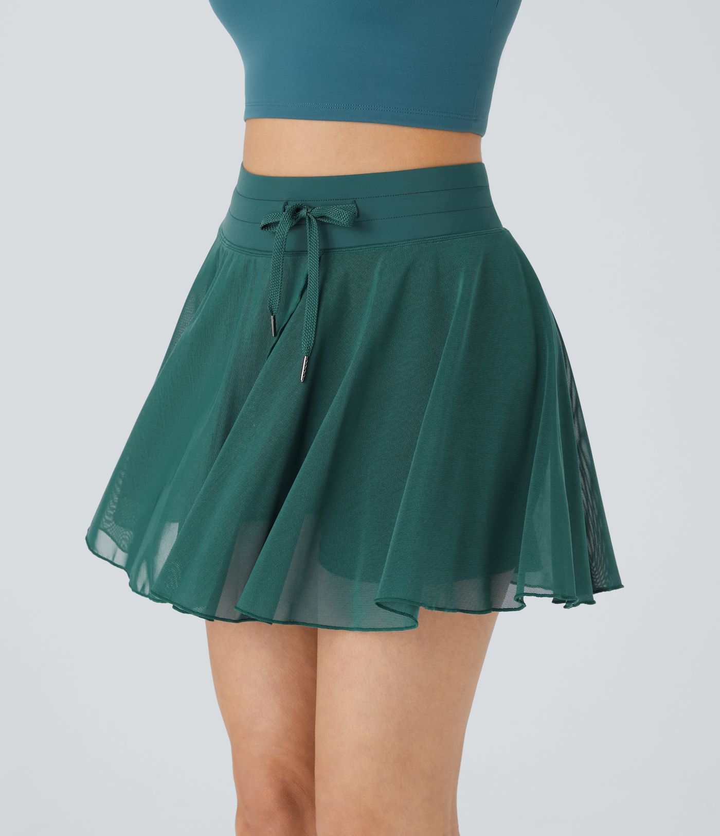 High Waisted Drawstring Contrast Mesh 2-in-1 Side Pocket Flowy Mini Flare Casual Skirt