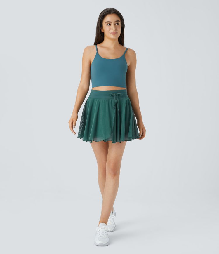 High Waisted Drawstring Contrast Mesh 2-in-1 Side Pocket Flowy Mini Flare Casual Skirt