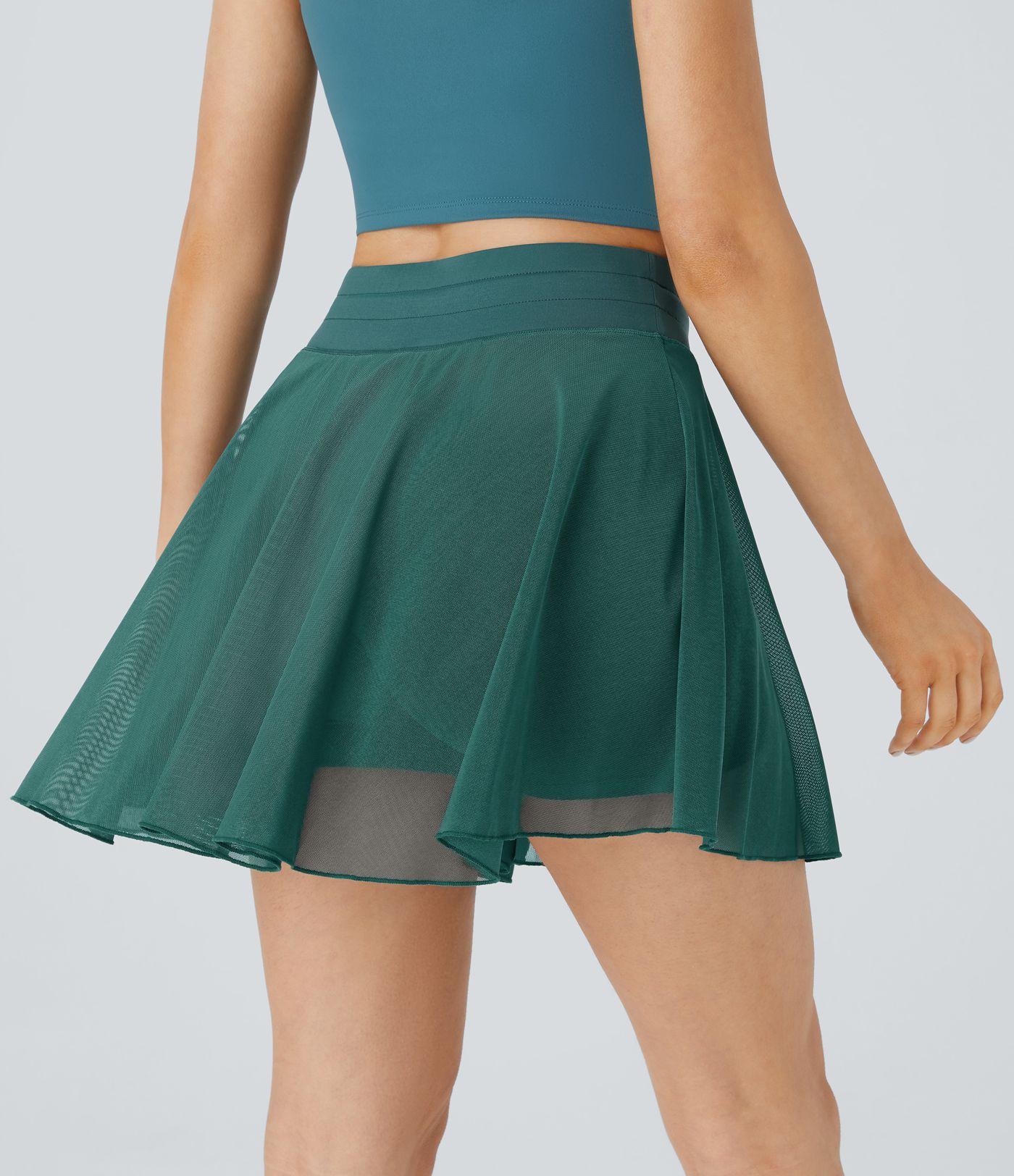 High Waisted Drawstring Contrast Mesh 2-in-1 Side Pocket Flowy Mini Flare Casual Skirt