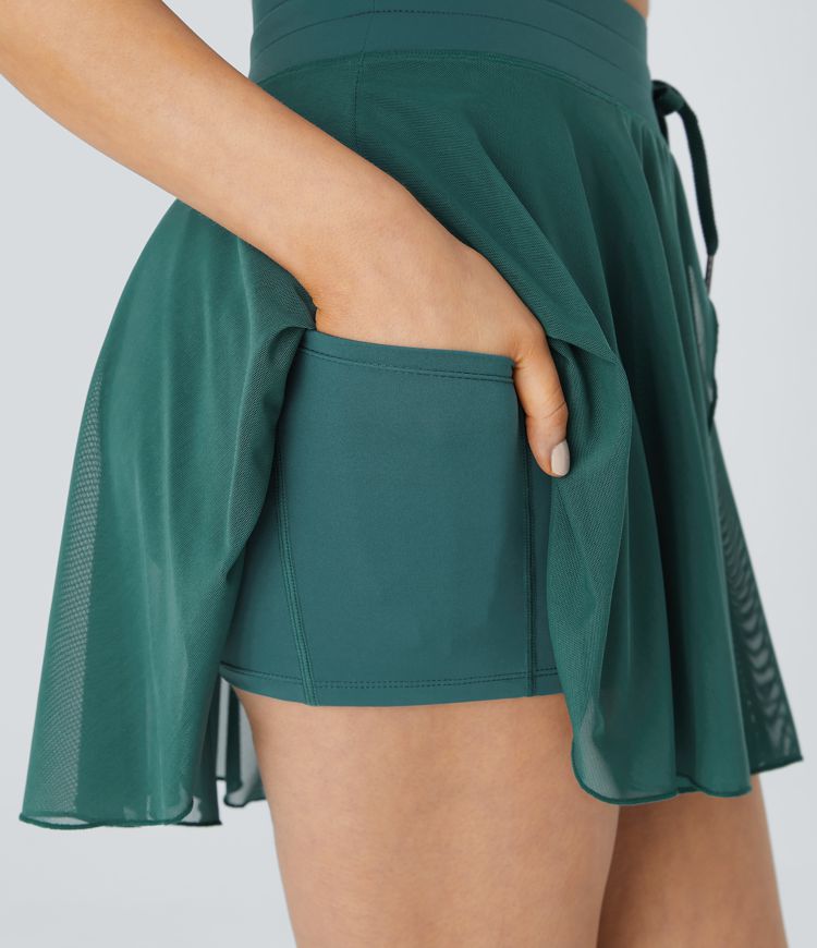 High Waisted Drawstring Contrast Mesh 2-in-1 Side Pocket Flowy Mini Flare Casual Skirt