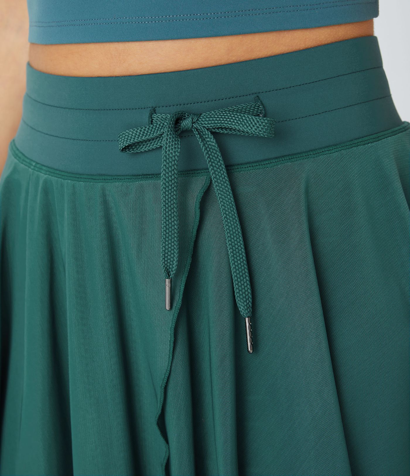 High Waisted Drawstring Contrast Mesh 2-in-1 Side Pocket Flowy Mini Flare Casual Skirt