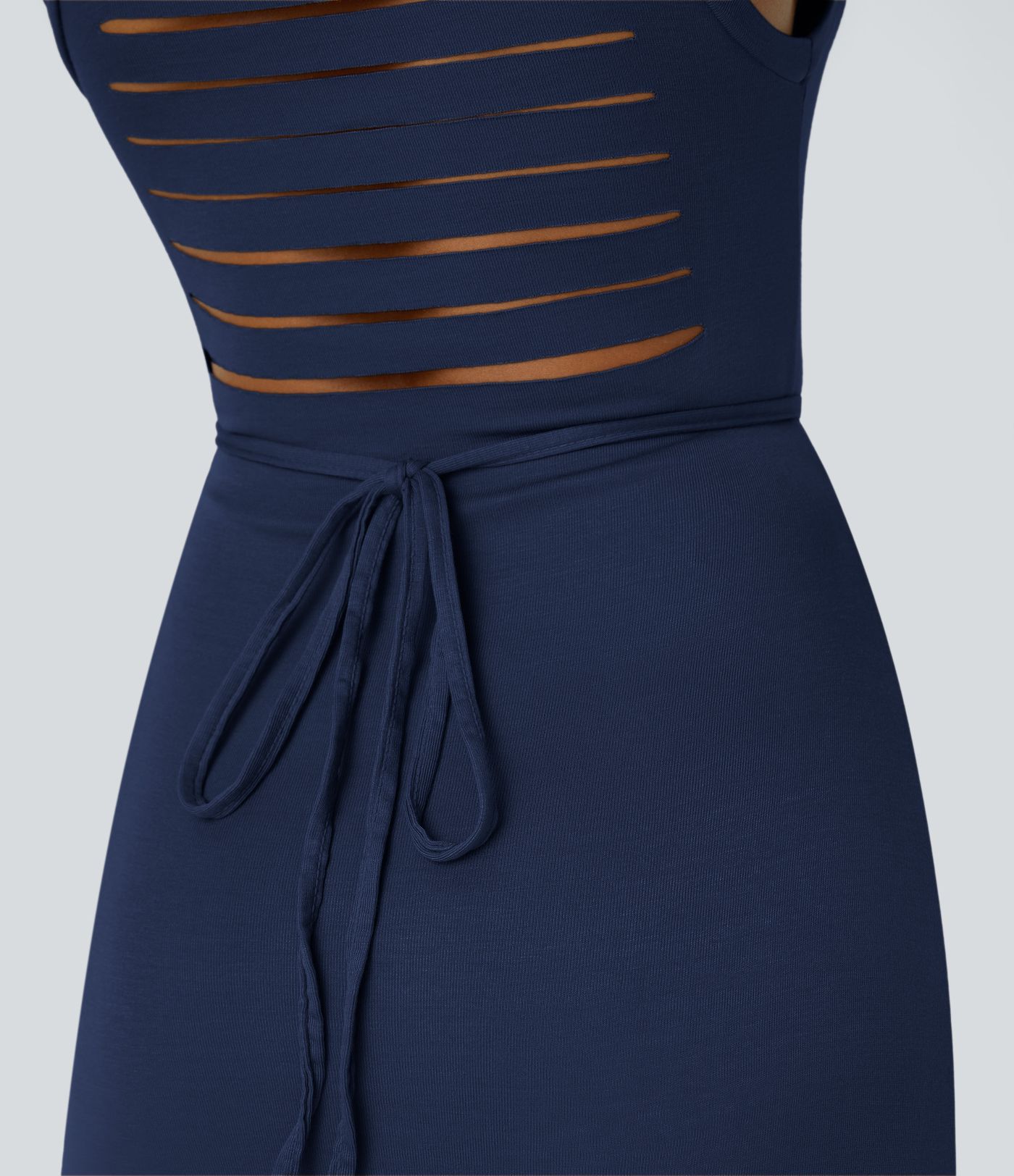 Ribbed Hooded High Neck Sleeveless Cut Out Tie Back 2-Piece Midi Casual Dress