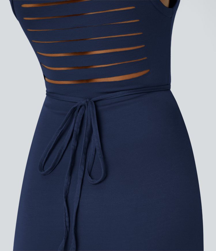 Ribbed Hooded High Neck Sleeveless Cut Out Tie Back 2-Piece Midi Casual Dress