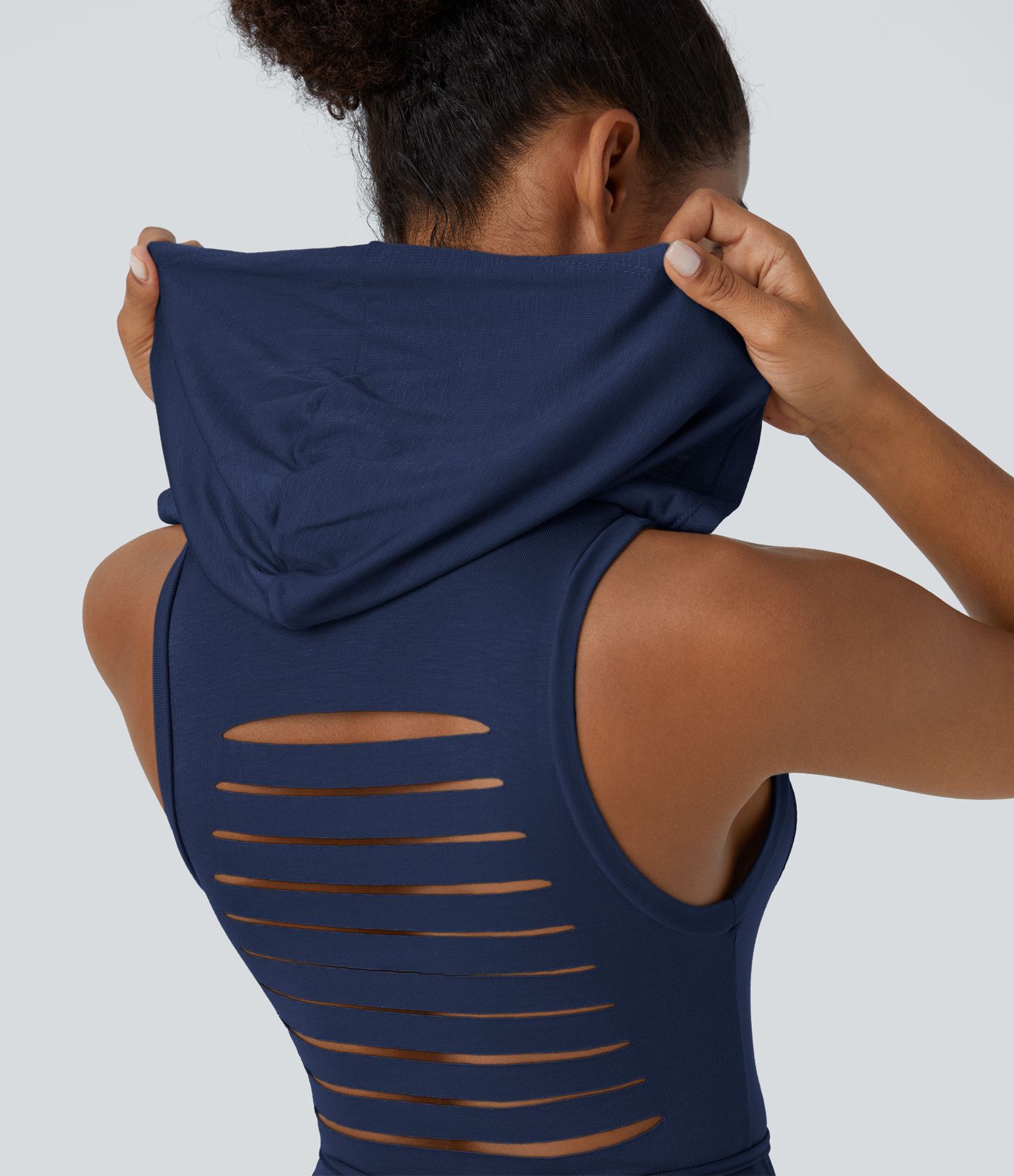 Ribbed Hooded High Neck Sleeveless Cut Out Tie Back 2-Piece Midi Casual Dress