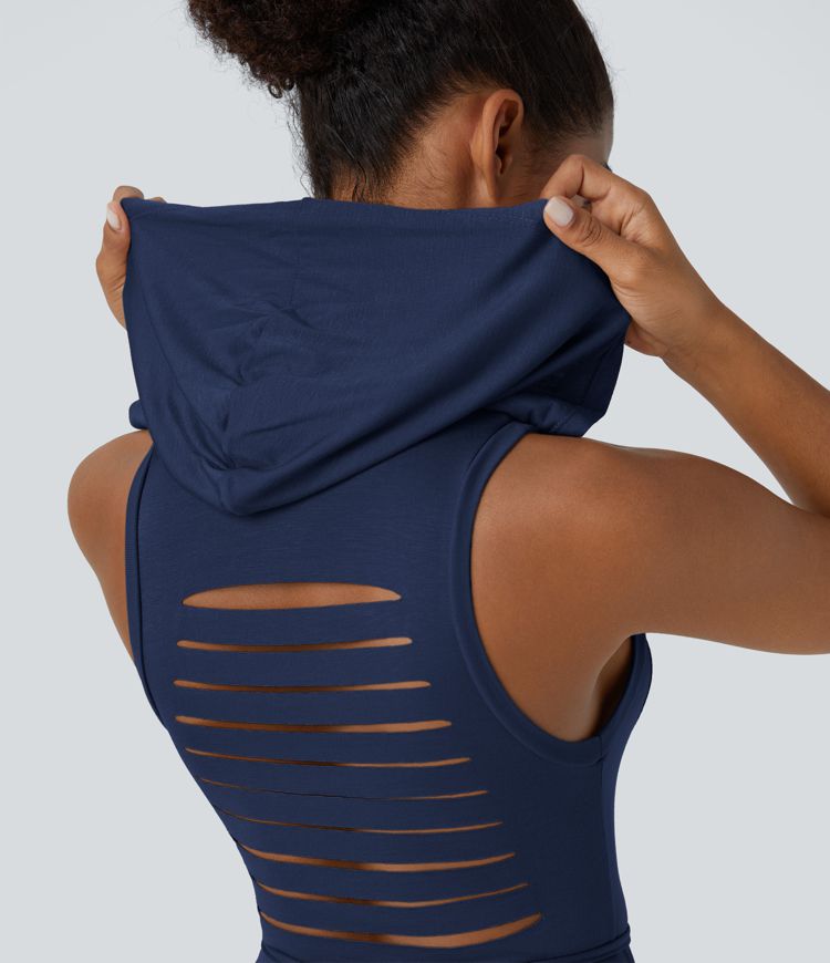 Ribbed Hooded High Neck Sleeveless Cut Out Tie Back 2-Piece Midi Casual Dress