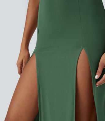 Ribbed Hooded High Neck Sleeveless Cut Out Tie Back 2-Piece Midi Casual Dress