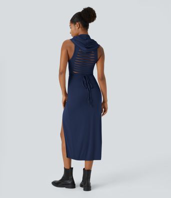 Ribbed Hooded High Neck Sleeveless Cut Out Tie Back 2-Piece Midi Casual Dress