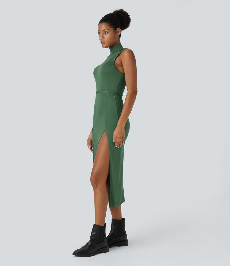 Ribbed Hooded High Neck Sleeveless Cut Out Tie Back 2-Piece Midi Casual Dress