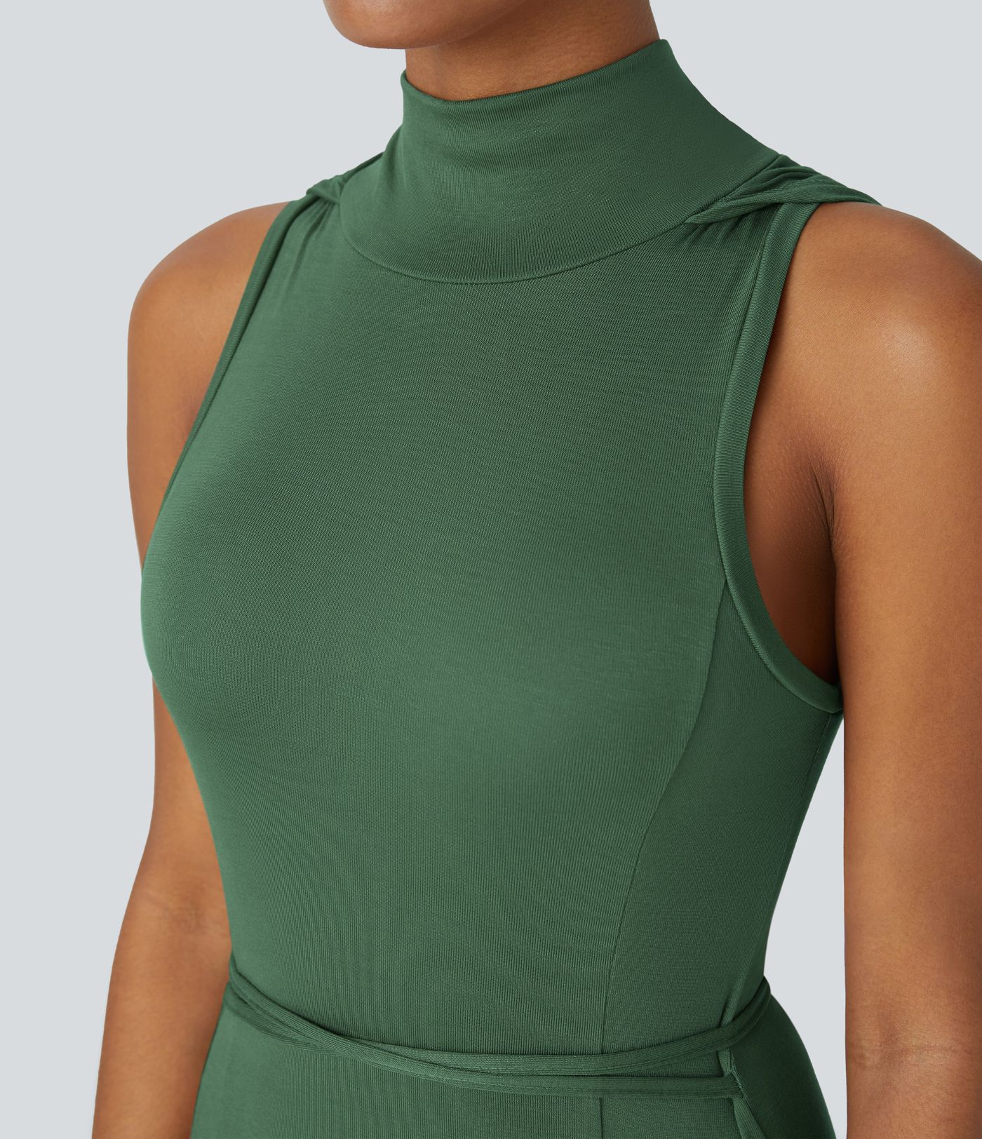 Ribbed Hooded High Neck Sleeveless Cut Out Tie Back 2-Piece Midi Casual Dress