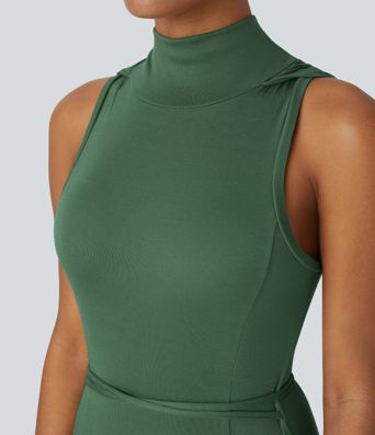 Ribbed Hooded High Neck Sleeveless Cut Out Tie Back 2-Piece Midi Casual Dress