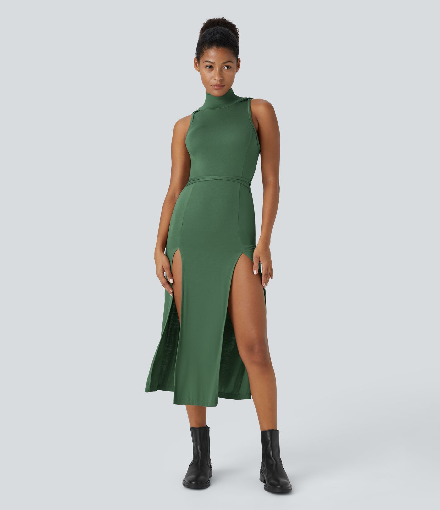 Ribbed Hooded High Neck Sleeveless Cut Out Tie Back 2-Piece Midi Casual Dress