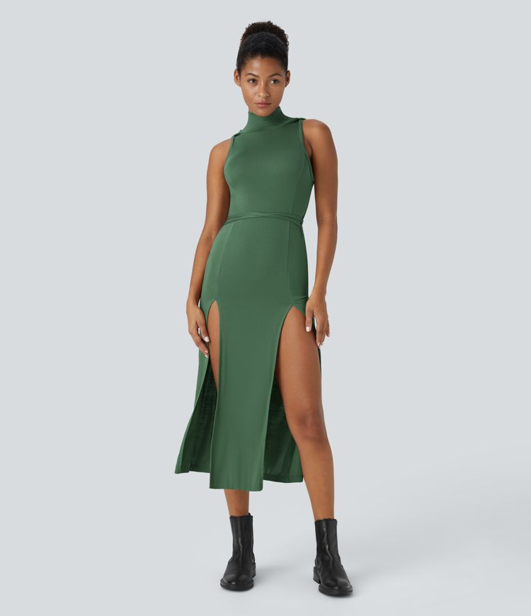 Ribbed Hooded High Neck Sleeveless Cut Out Tie Back 2-Piece Midi Casual Dress