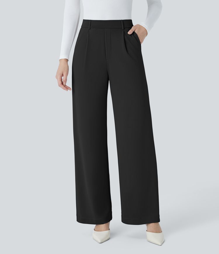 HalaraFlex™ High Waisted Plicated Side Pocket Straight Leg Crepe Work Pants