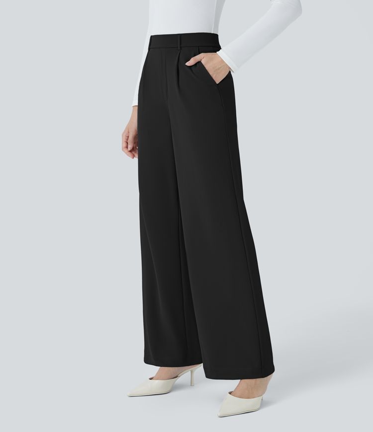 HalaraFlex™ High Waisted Plicated Side Pocket Straight Leg Crepe Work Pants