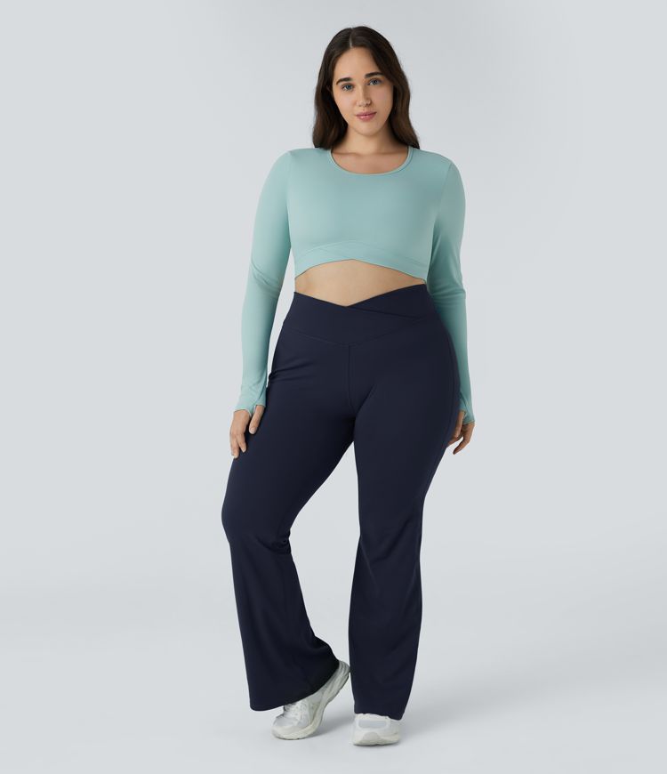 High Waisted Crossover Full Length Flare Plus Size Leggings