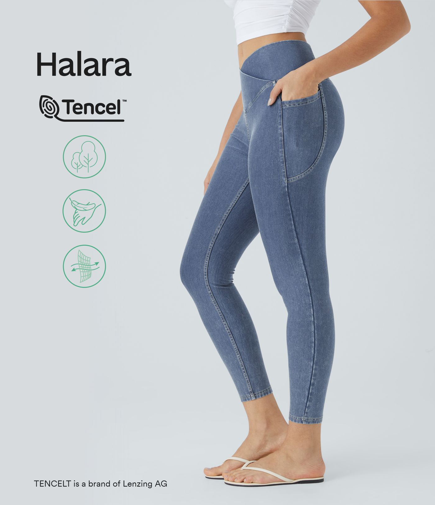 Halara Flex™ Crossover Side Pocket Washed Stretch Knit Denim Casual 7/8 Leggings