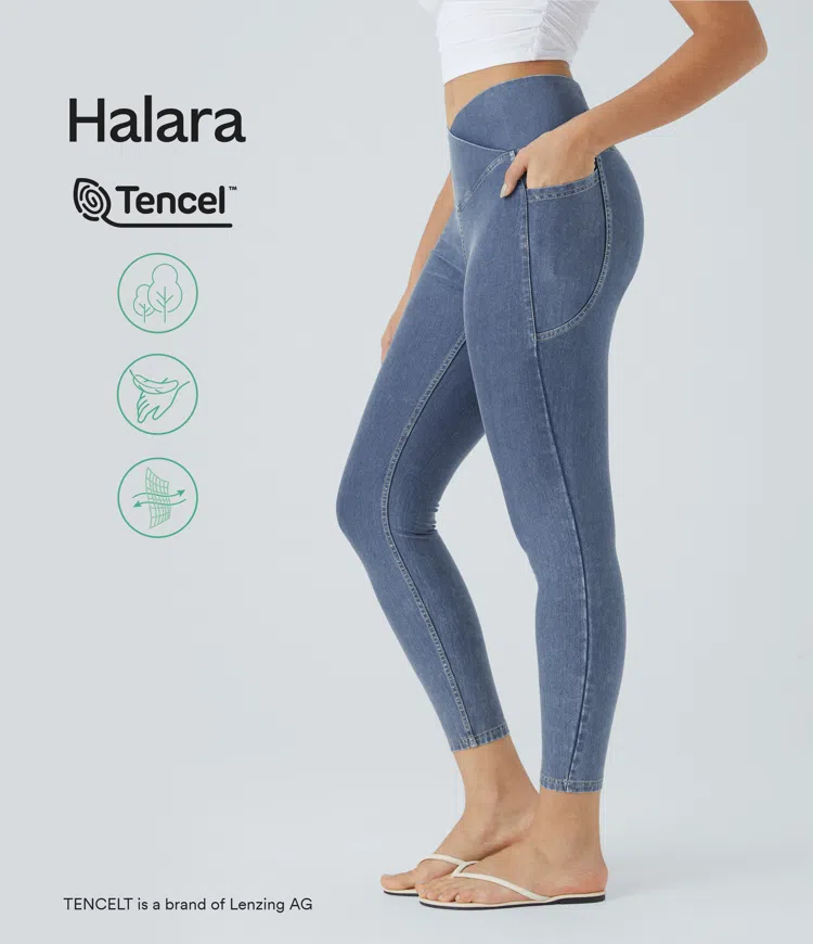 HalaraMagic™ Crossover Side-Pocket Washed Stretch Knit Denim Casual 7,8 Length Leggings