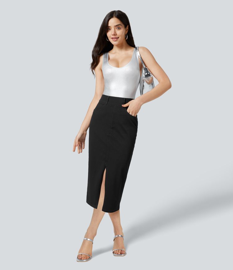 Halara Flex™ High Waisted Pockets Bodycon Denim Casual Midi Skirt