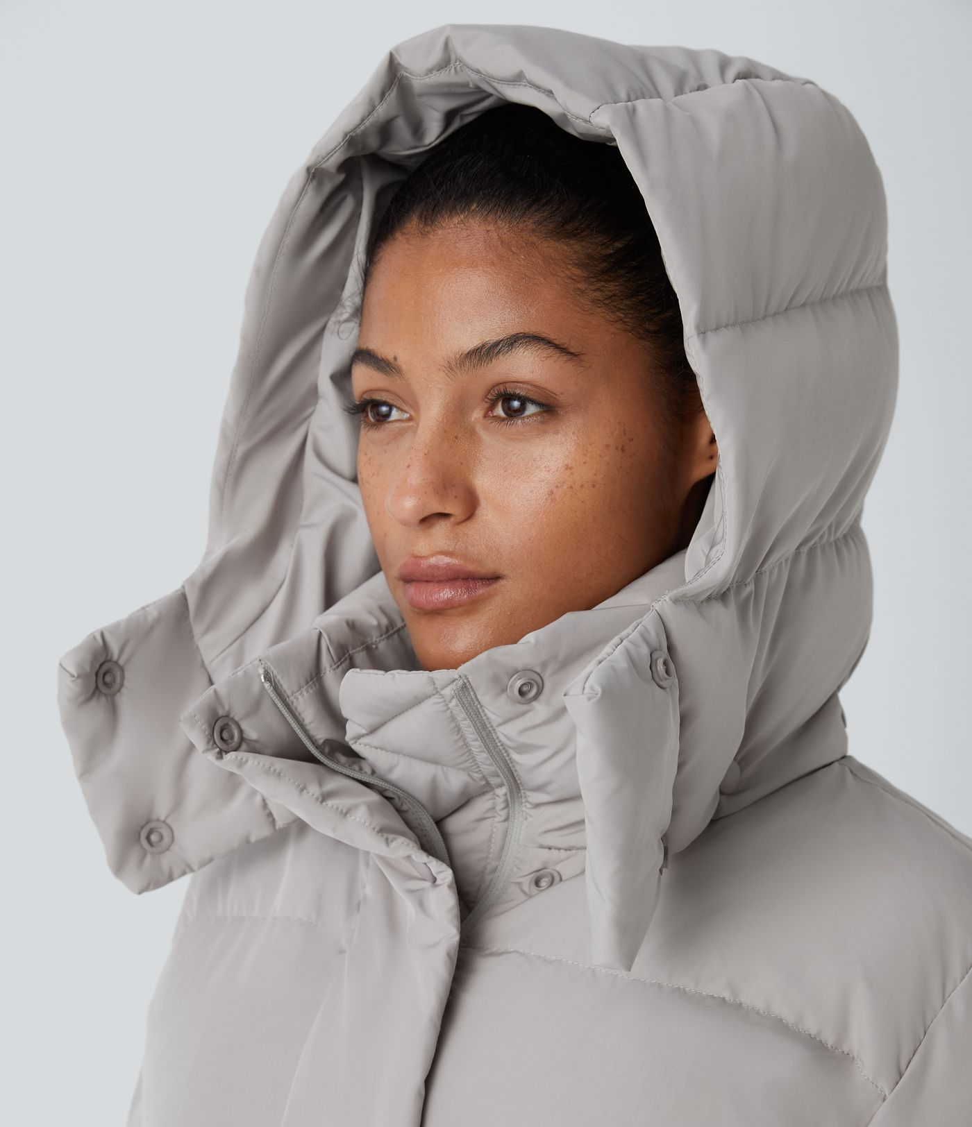 Removable Hood Button Long Sleeve Invisible Pocket Adjustable Drawcord Relaxed Casual Puffer Down Jacket