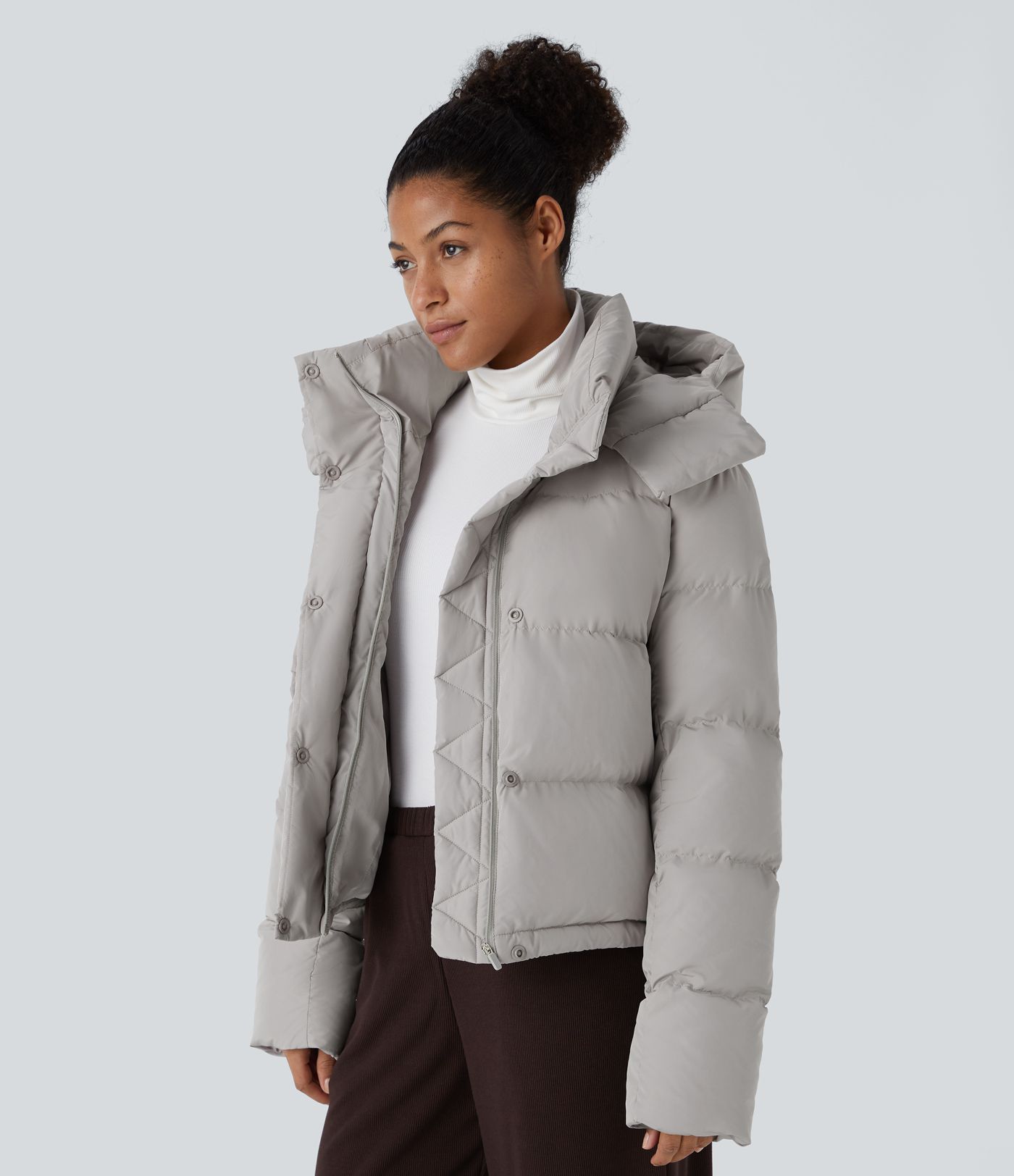 Removable Hood Button Long Sleeve Invisible Pocket Adjustable Drawcord Relaxed Casual Puffer Down Jacket