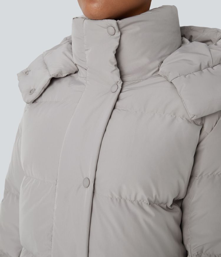 Removable Hood Button Long Sleeve Invisible Pocket Adjustable Drawcord Relaxed Casual Puffer Down Jacket