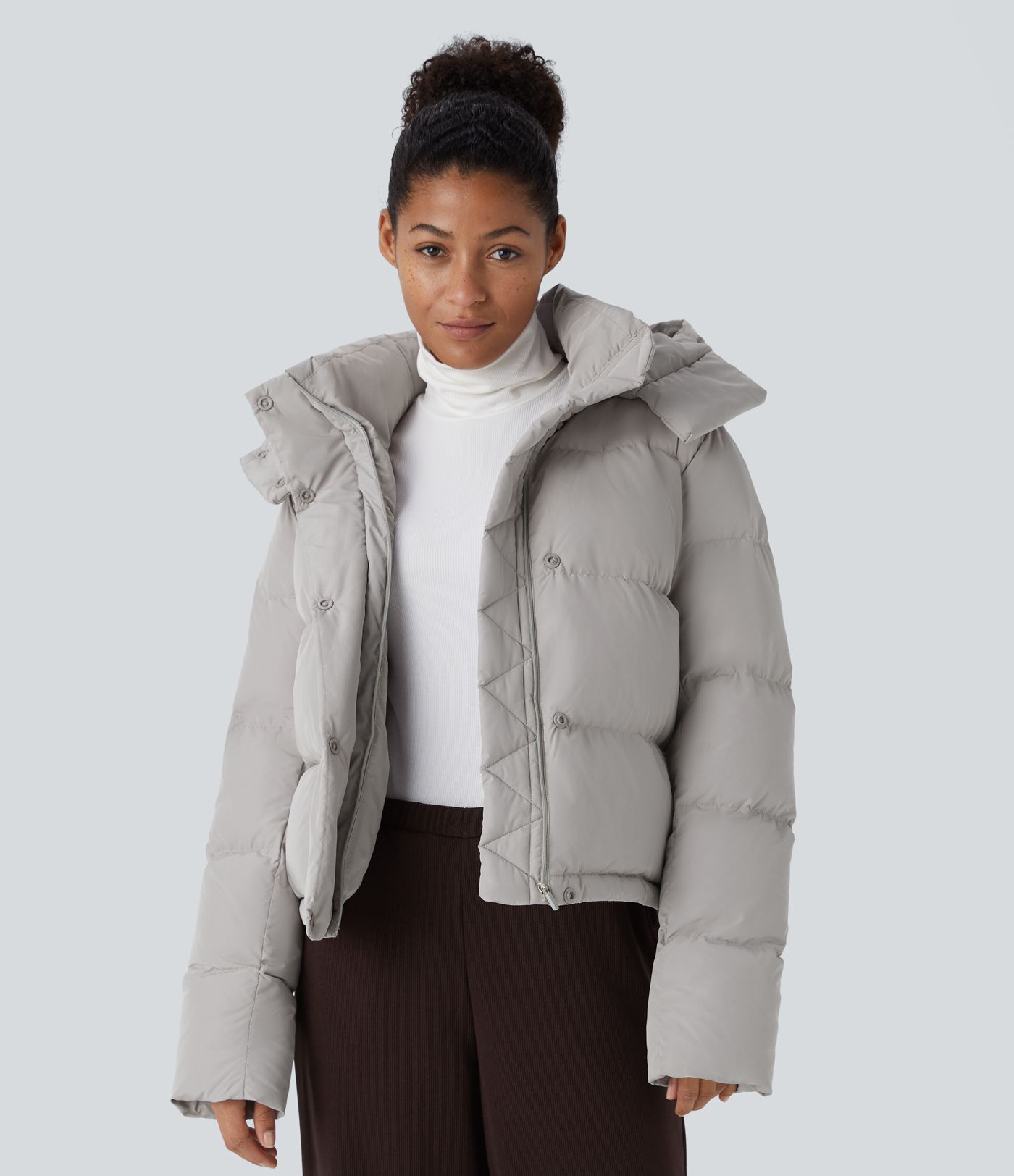 Removable Hood Button Long Sleeve Invisible Pocket Adjustable Drawcord Relaxed Casual Puffer Down Jacket