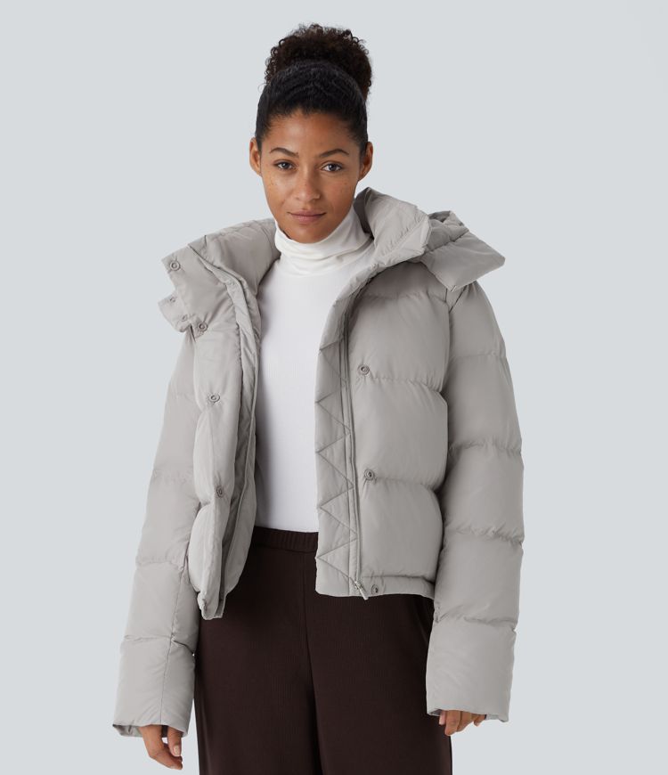 Removable Hood Button Long Sleeve Invisible Pocket Adjustable Drawcord Relaxed Casual Puffer Down Jacket