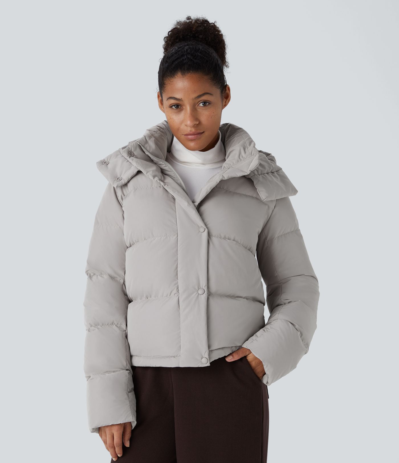 Removable Hood Button Long Sleeve Invisible Pocket Adjustable Drawcord Relaxed Casual Puffer Down Jacket