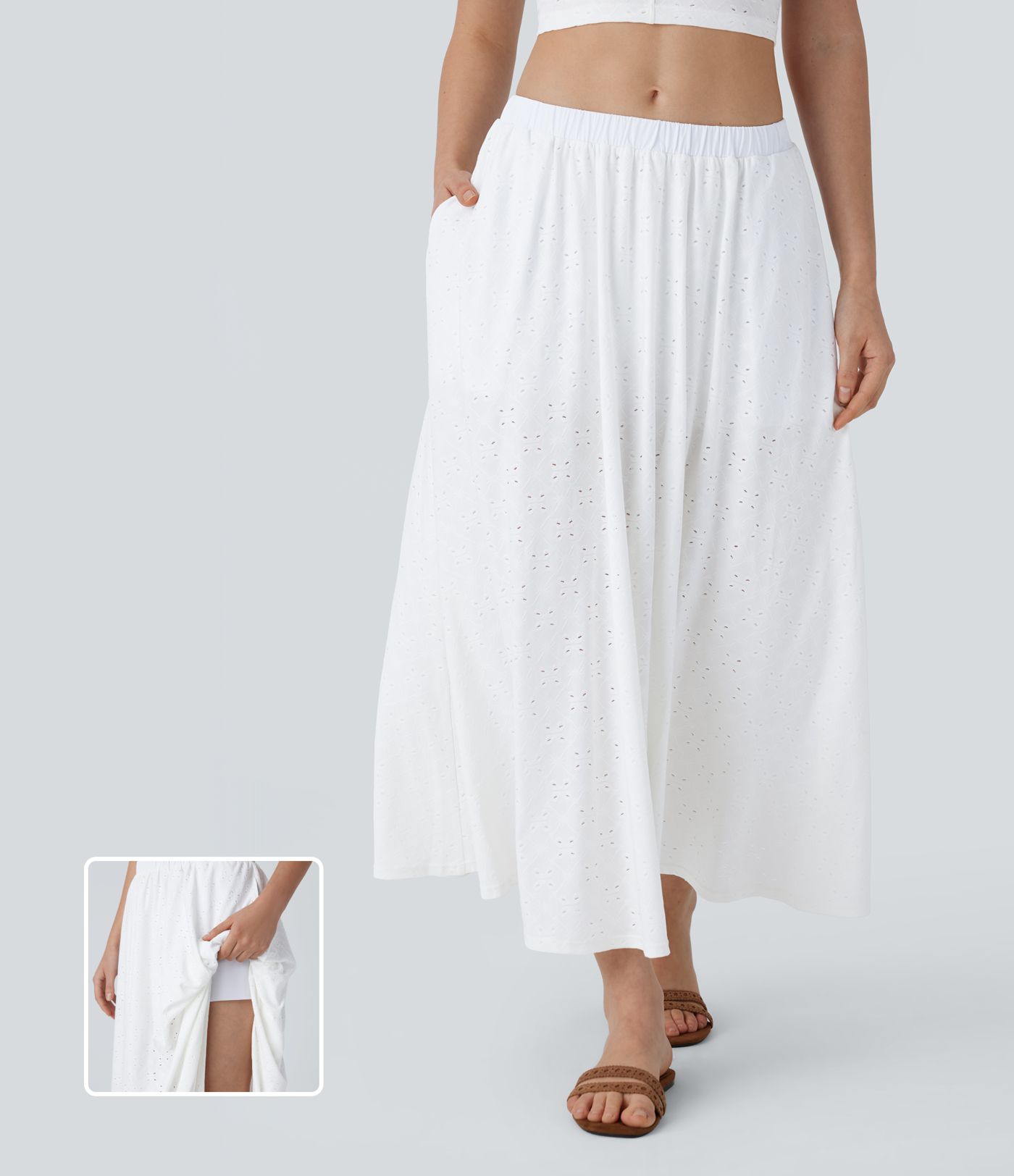 Falda Midi Fluida de Tiro Bajo con Ojales y Bolsillos 2 en 1