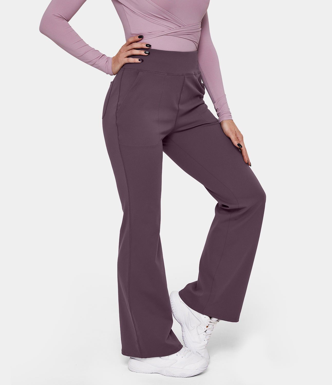 High-waisted side pocket plain flare leggings