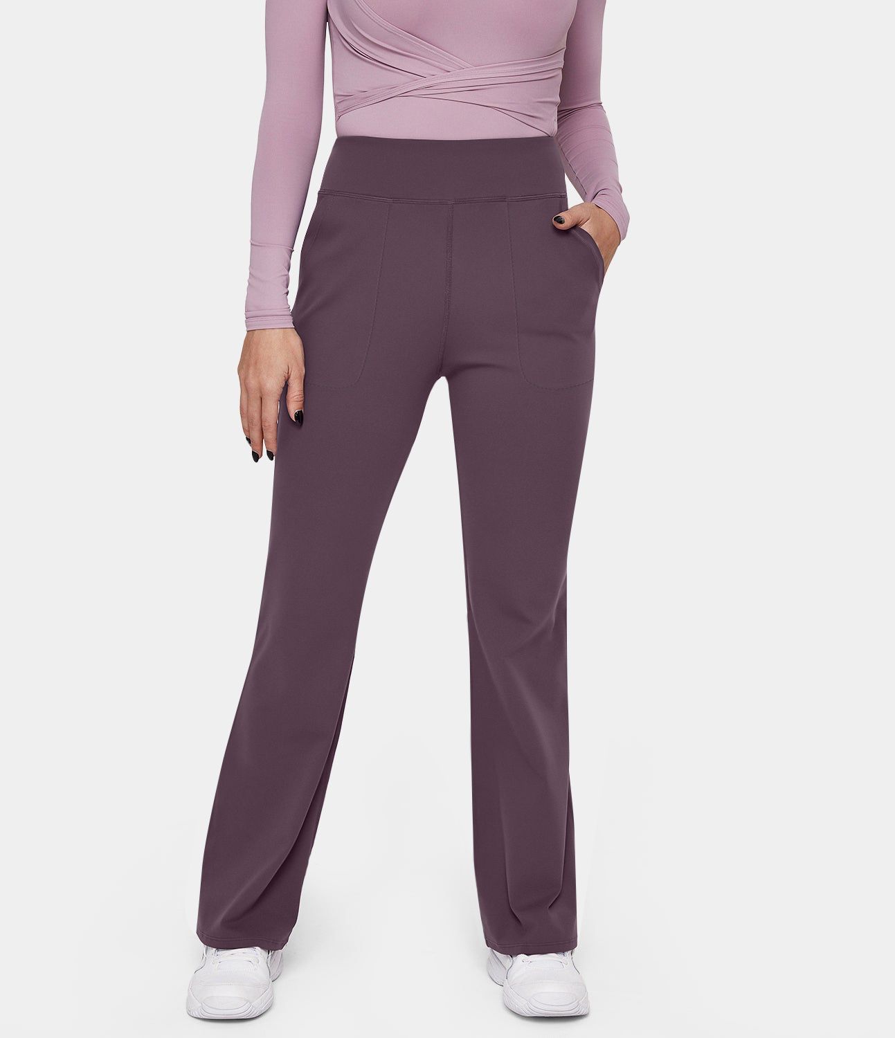 High-waisted side pocket plain flare leggings