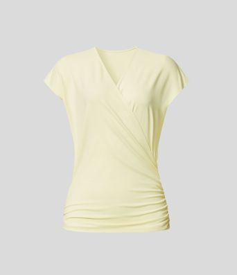 V-hals werkblouse met korte mouwen, overslag, gerimpeld, effen