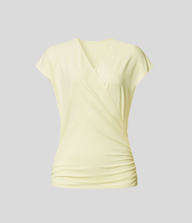 V-hals werkblouse met korte mouwen, overslag, gerimpeld, effen