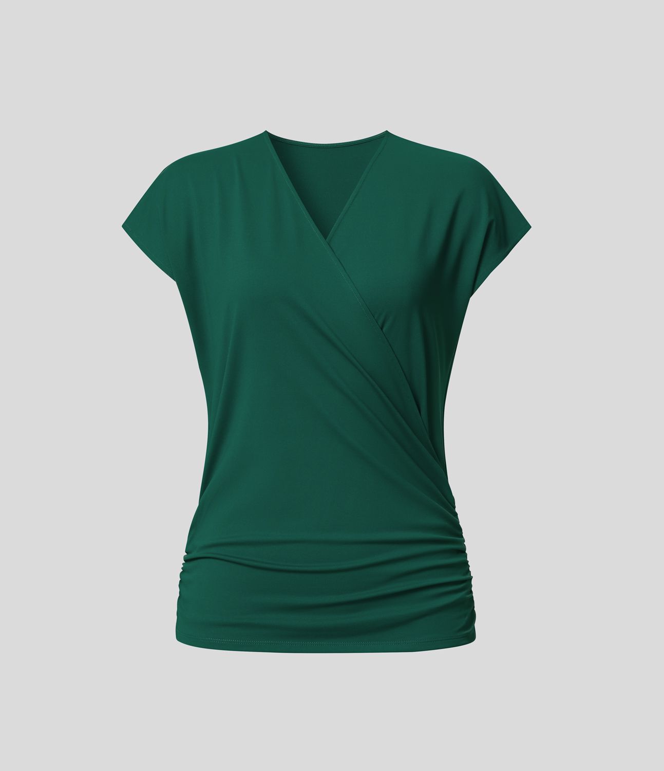 V Neck Cap Sleeve Crossover Ruched Solid Work Blouse