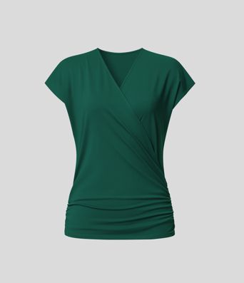 V Neck Cap Sleeve Crossover Ruched Solid Work Blouse