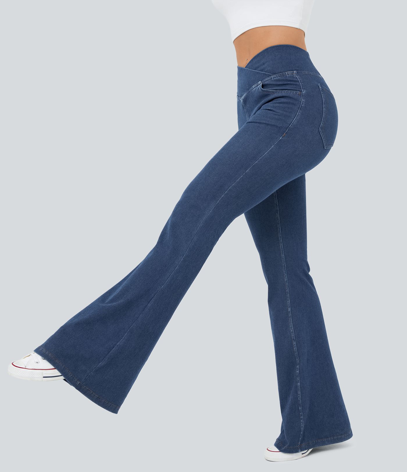 Jeans Halara Flex™ Denim súper acampanado elástico lavado bolsillo cruzado tiro alto