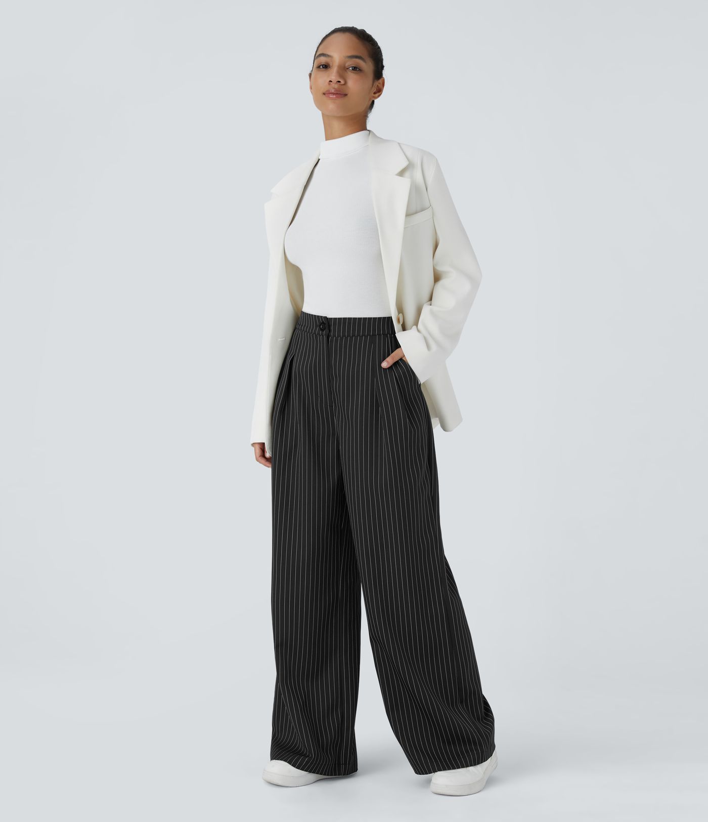 High Waisted Zipper Pocket Wide Leg Striped Work Pants