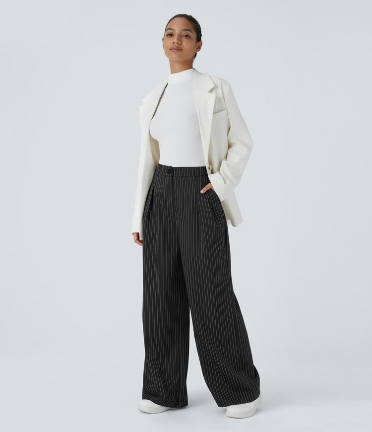 High Waisted Button Zipper Side Pocket Wide Leg Striped Work Trousers