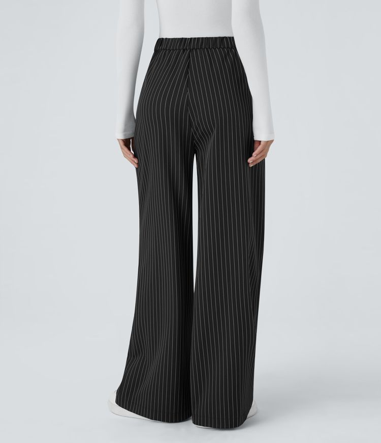 High Waisted Button Zipper Side Pocket Wide Leg Striped Work Pants