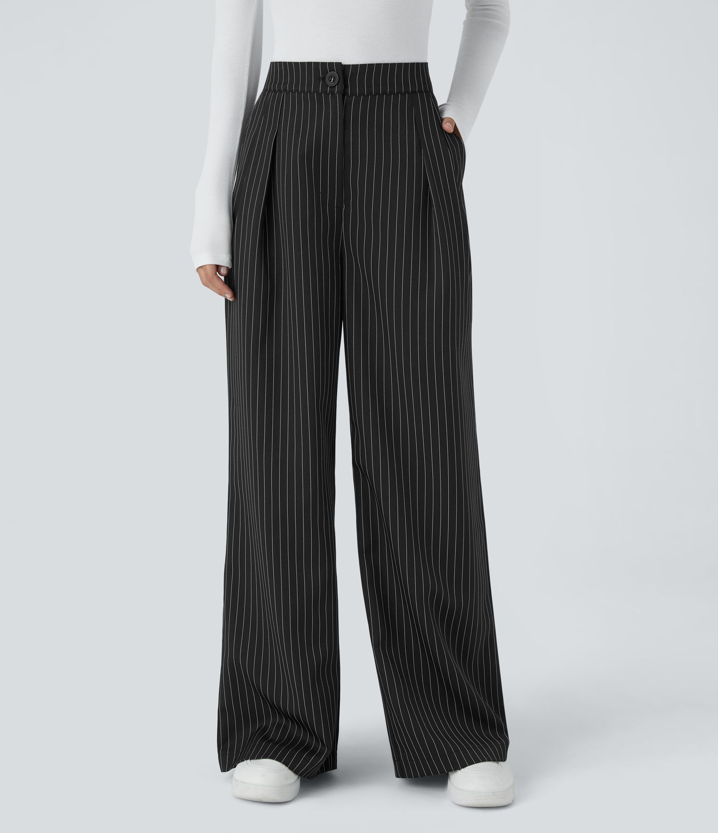 High Waisted Zipper Pocket Wide Leg Striped Work Pants