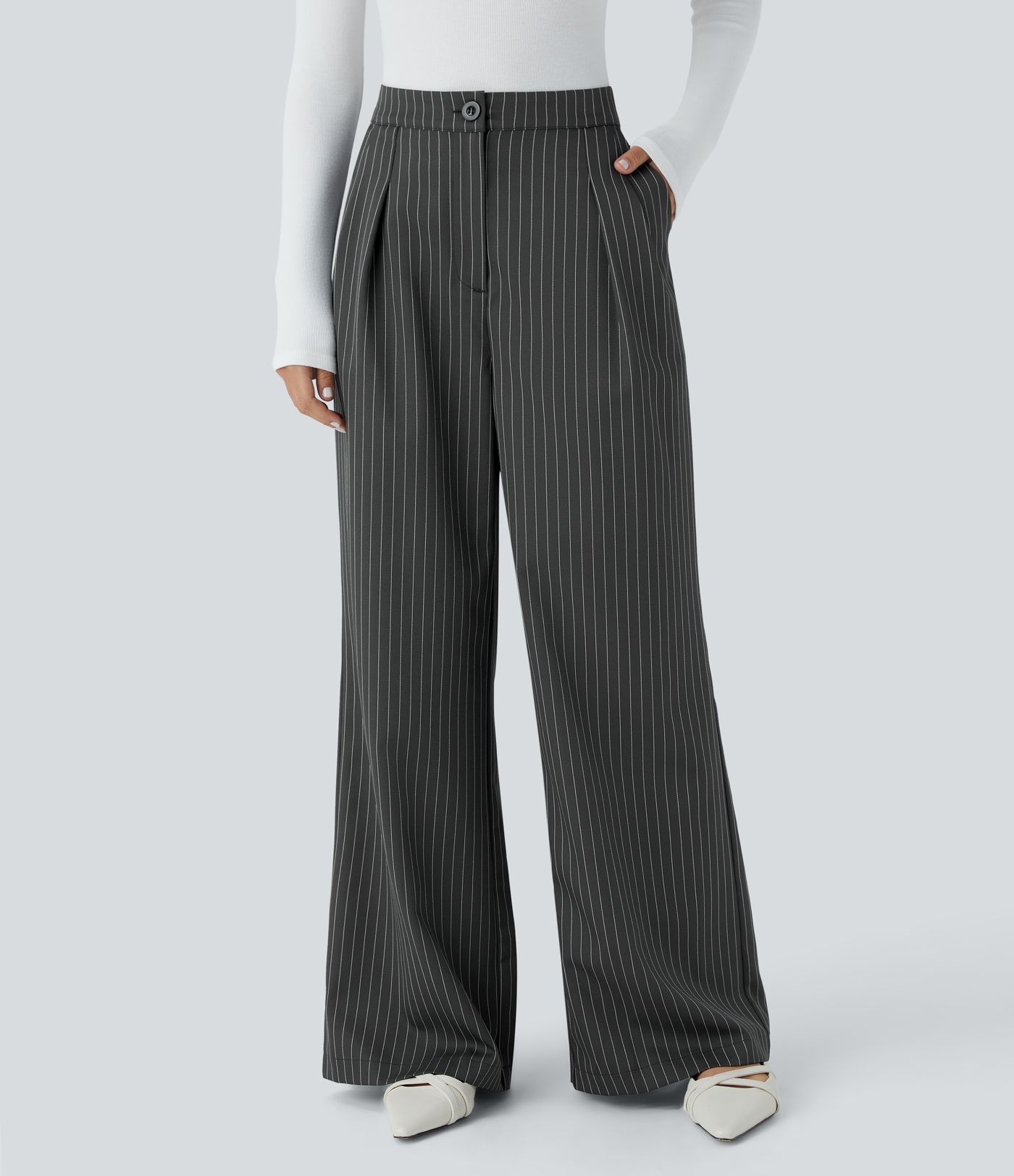 High Waisted Zipper Pocket Wide Leg Striped Work Pants
