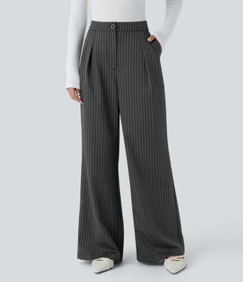 High Waisted Zipper Pocket Wide Leg Striped Work Pants