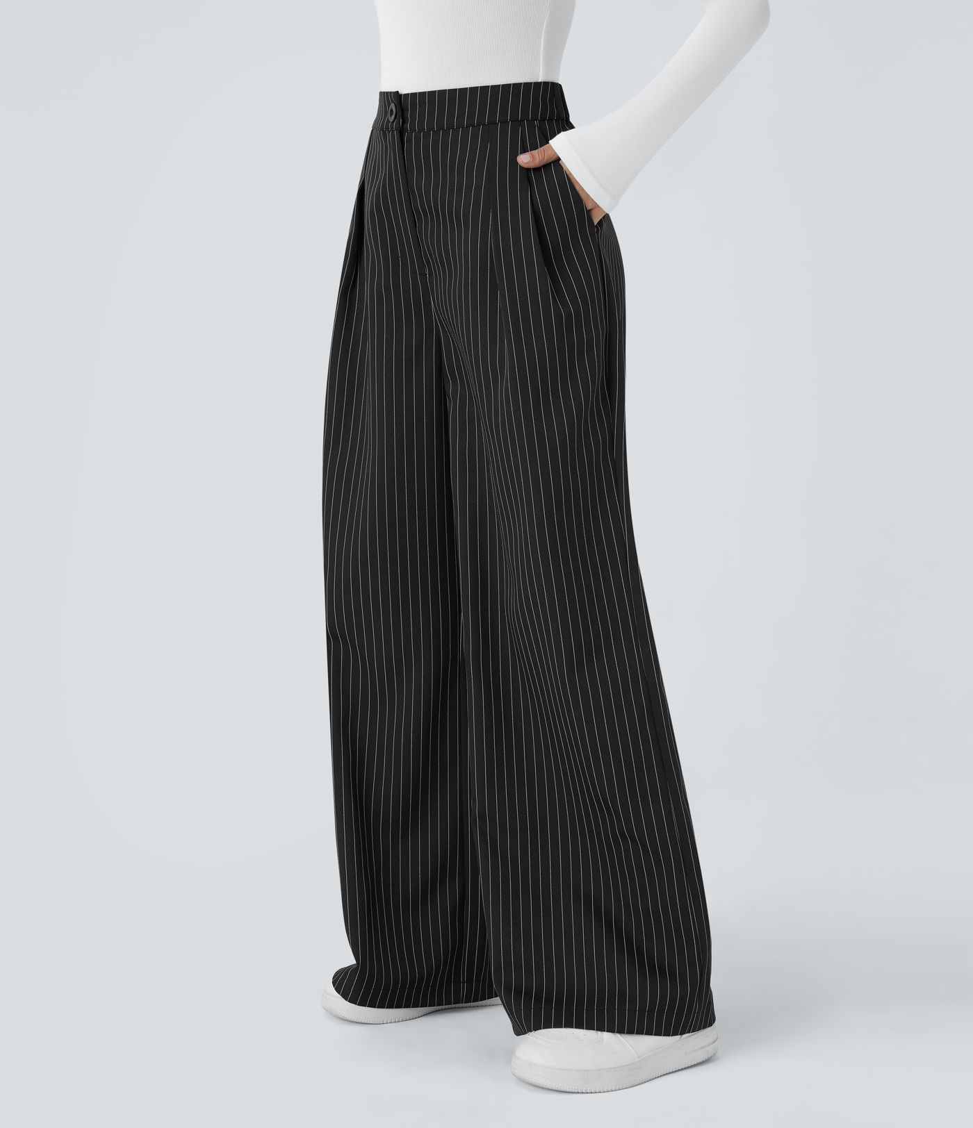 High Waisted Zipper Pocket Wide Leg Striped Work Pants