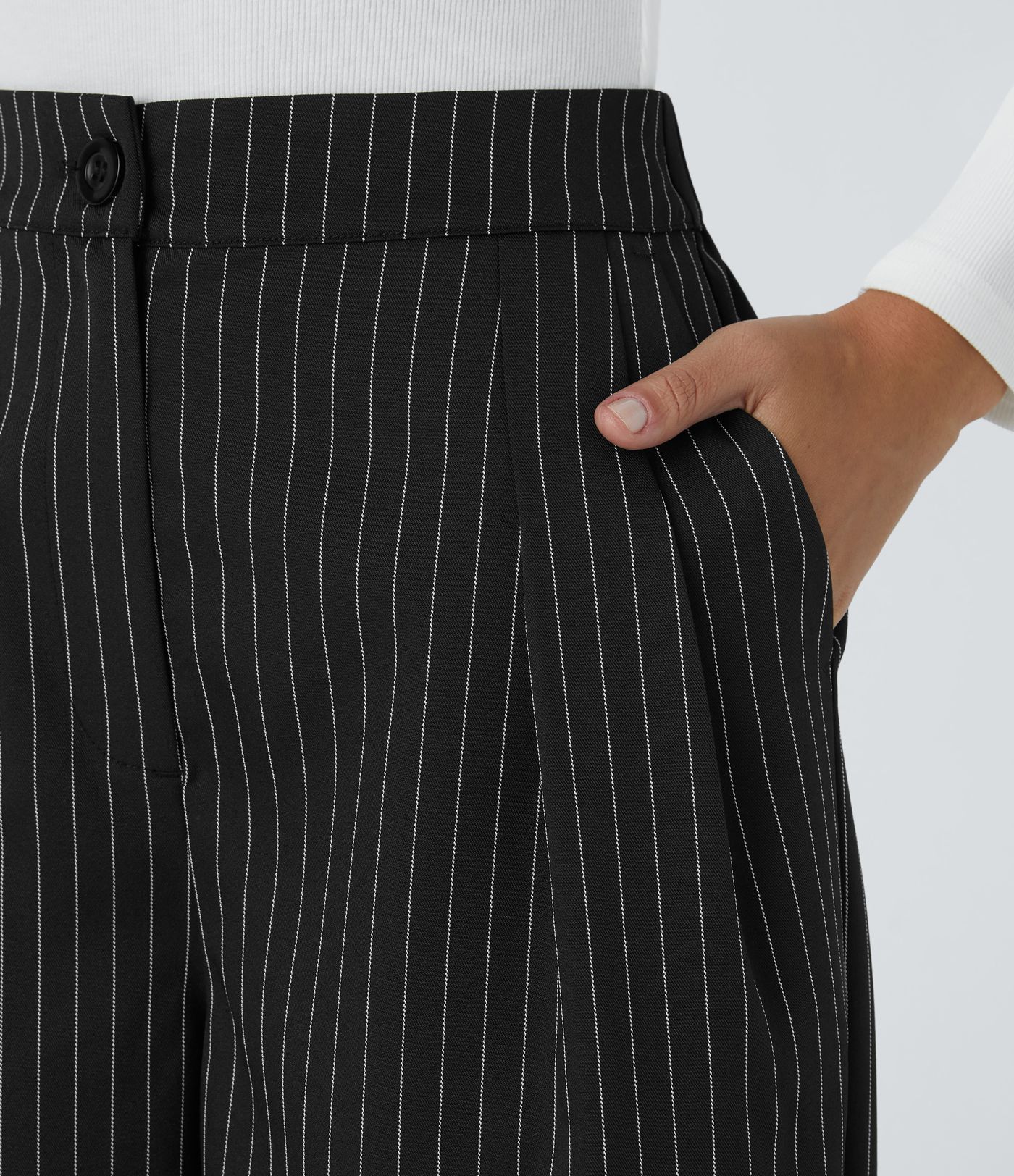 High Waisted Zipper Pocket Wide Leg Striped Work Pants
