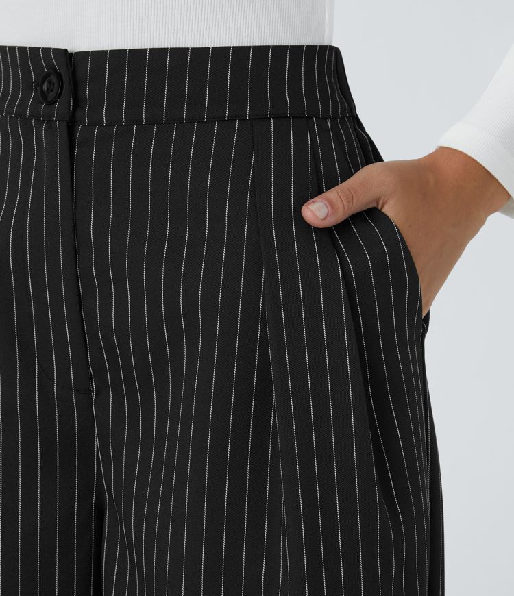 High Waisted Button Zipper Side Pocket Wide Leg Striped Work Trousers