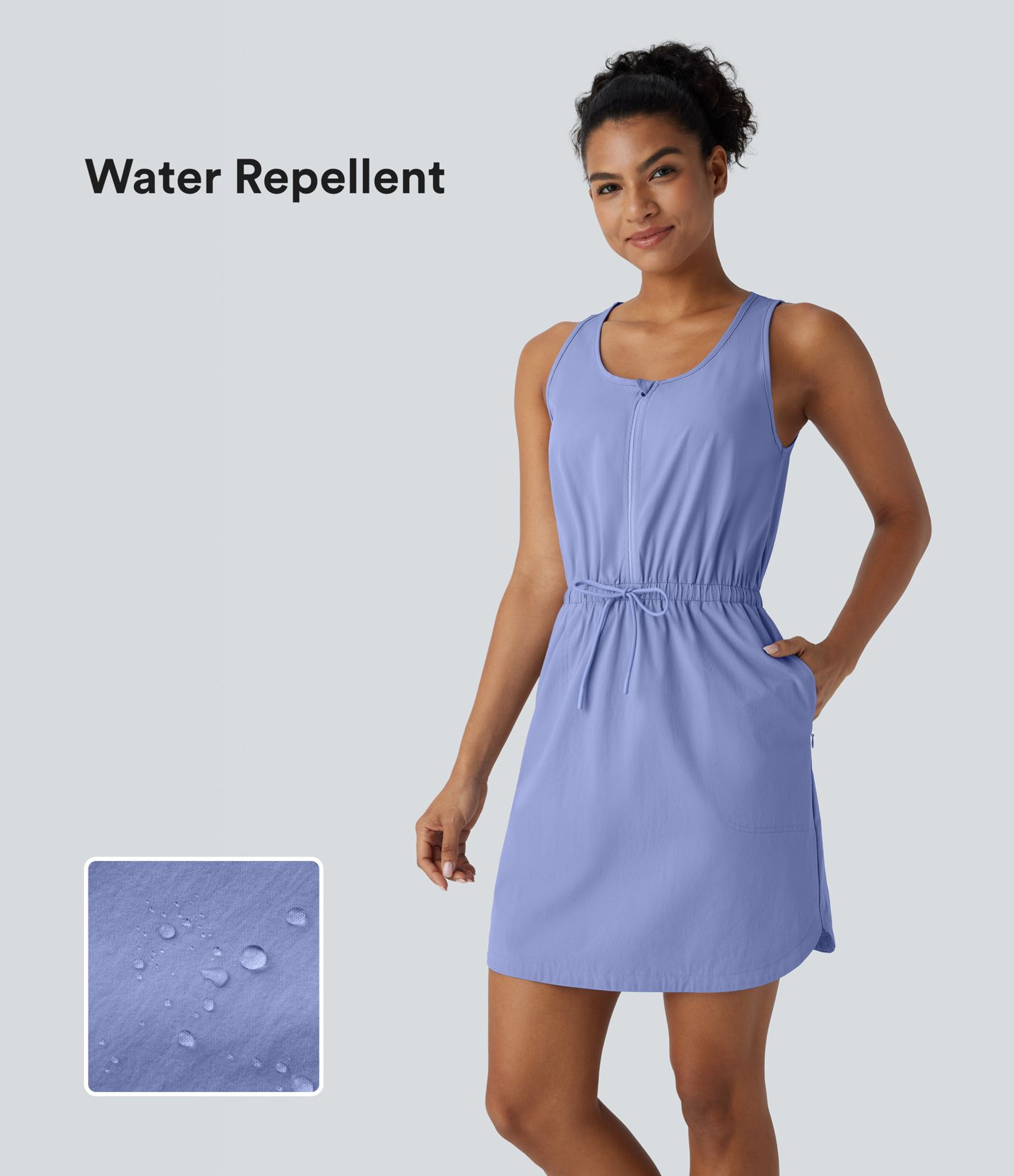 Water Repellent Wear-Resistant U Neck Sleeveless Half Zip Drawstring Pocket Curved Hem Mini Hiking Active Dress