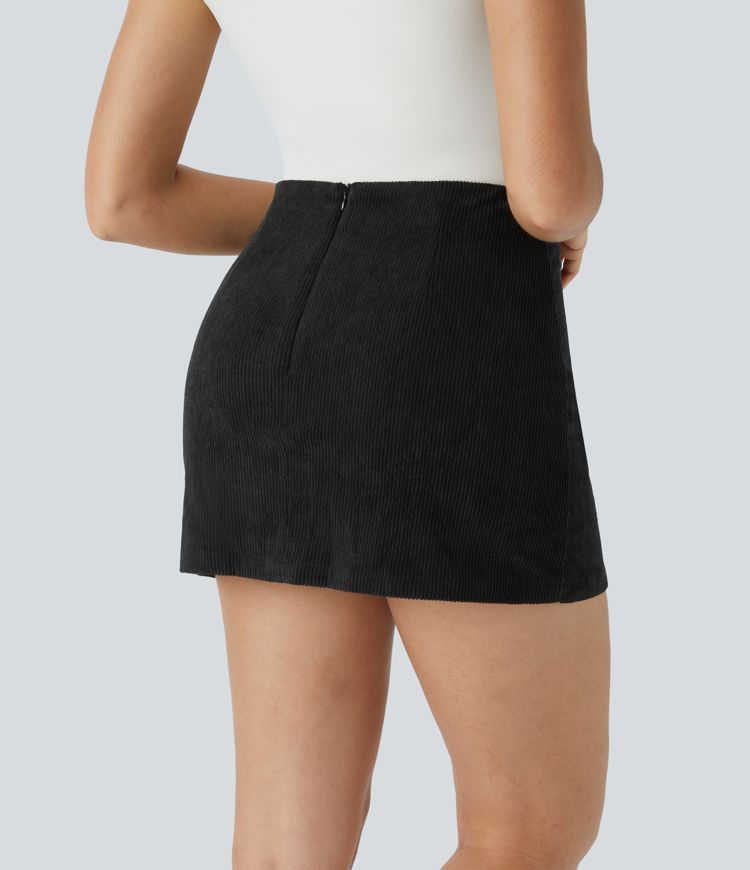 High Waisted 2-in-1 A Line Mini Corduroy Casual Skirt-Longer Length