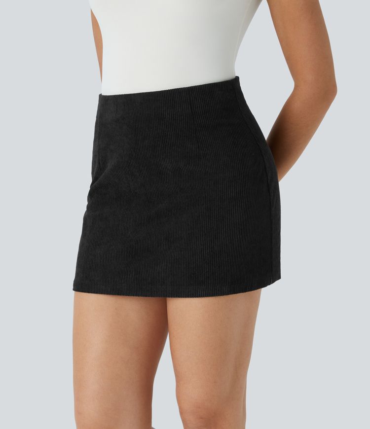 High Waisted 2-in-1 A Line Mini Corduroy Casual Skirt-Longer Length