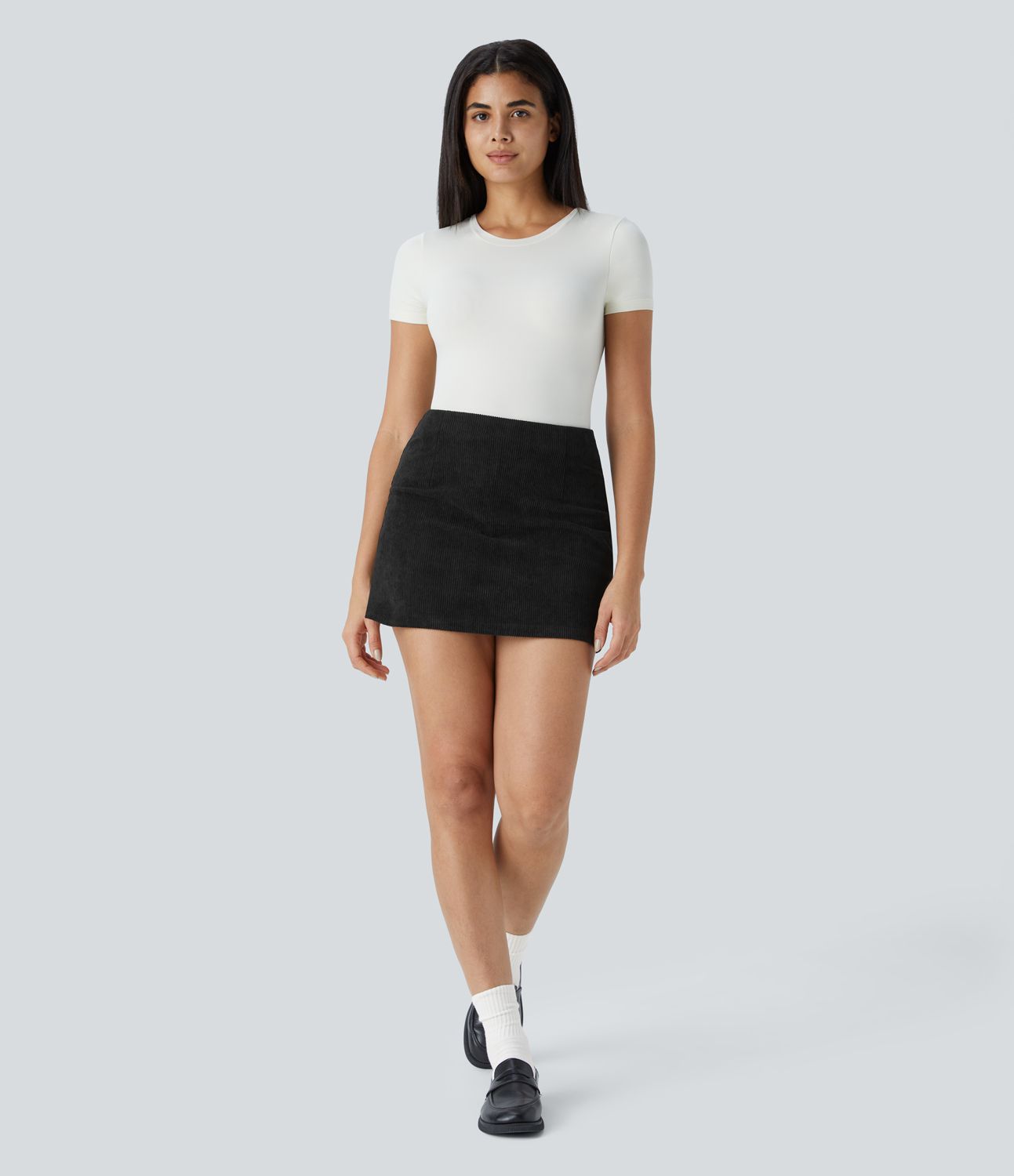 High Waisted 2-in-1 A Line Mini Corduroy Casual Skirt-Longer Length