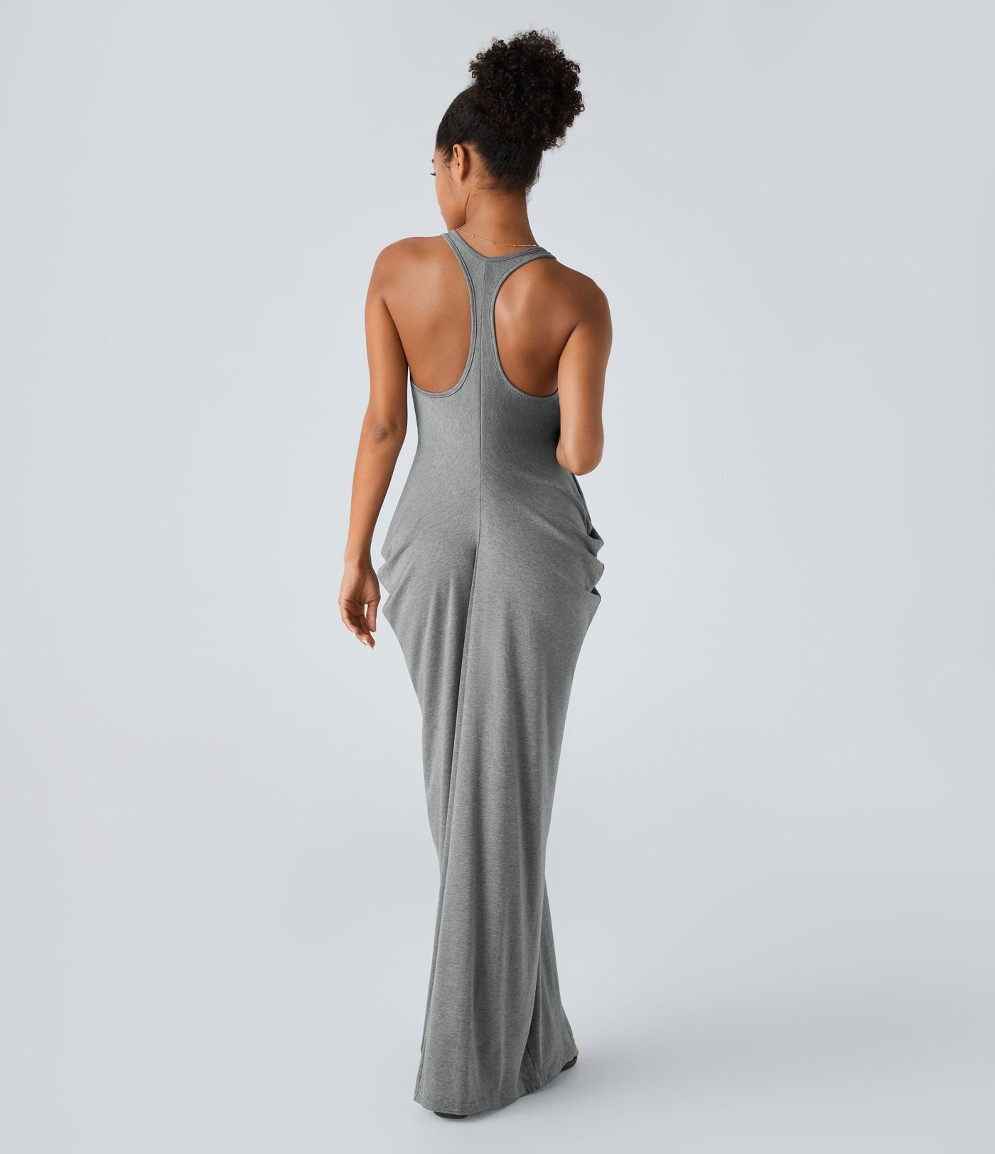 Deep V Neck Racerback Stacked Ruched Maxi Casual Dress